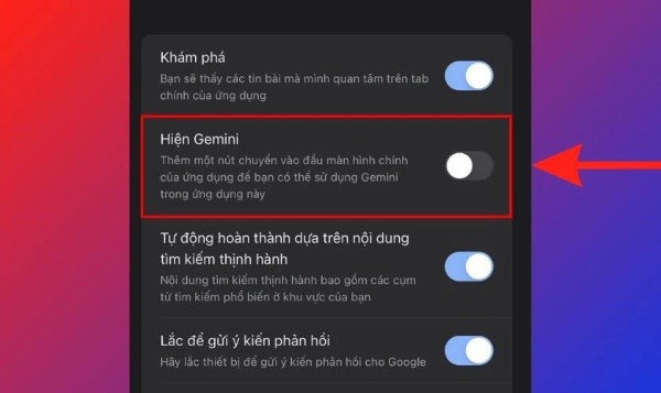Gạt nút sang trạng thái Tắt tại mục Hiện Gemini 