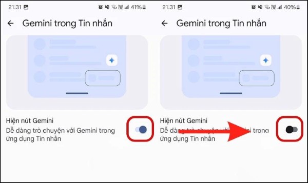 Chuyển trạng thái sang Tắt tại mục Hiện nút Gemini