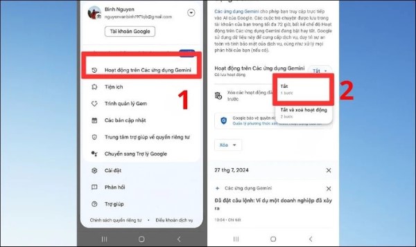 Chọn tắt mục Hoạt động trên các ứng dụng Gemini
