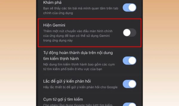 Tắt tùy chọn Hiện Gemini