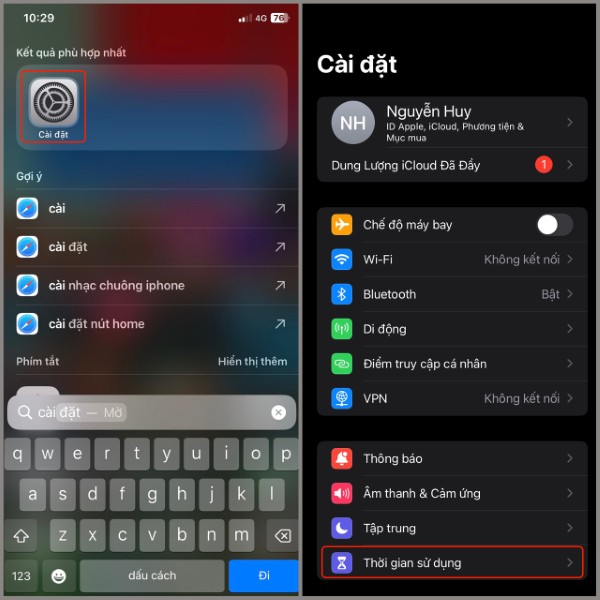Mở Cài đặt → Chọn Thời gian sử dụng