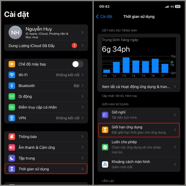 Chọn Thời gian sử dụng → Chọn Giới hạn ứng dụng