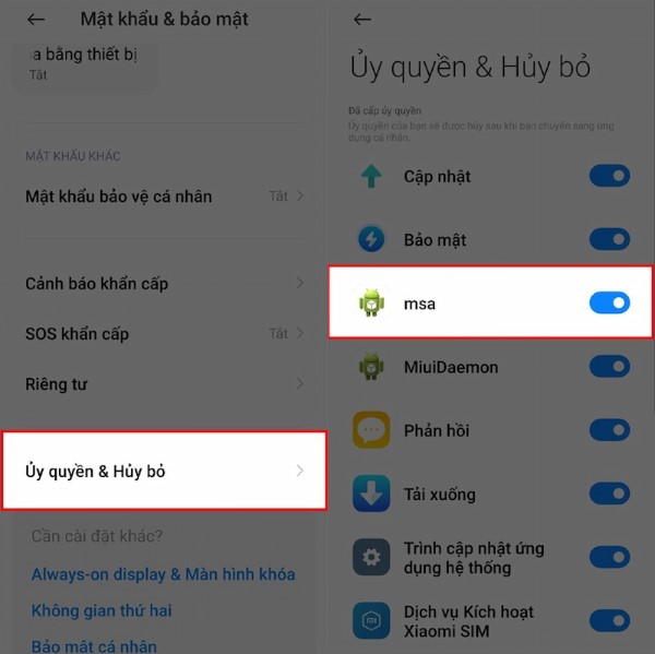 Chọn Uỷ quyền và thu hồi → tắt mục MSA