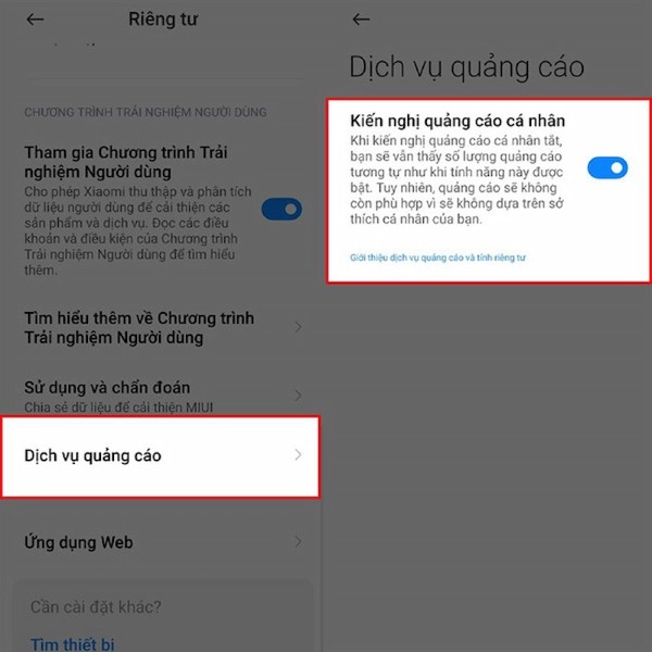 Tắt mục Kiến nghị quảng cáo cá nhân