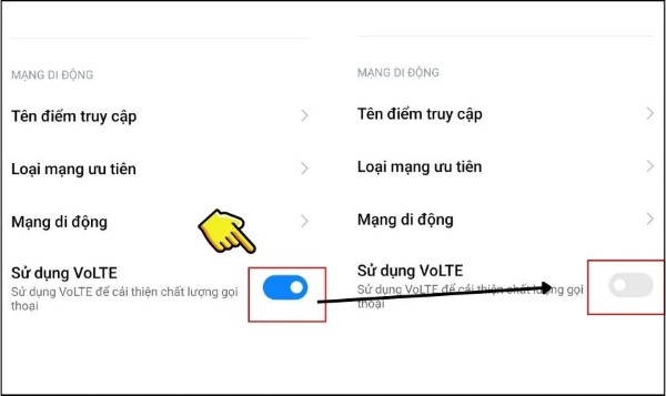 Bật mục Sử dụng VoLTE hoặc Cuộc gọi VoLTE