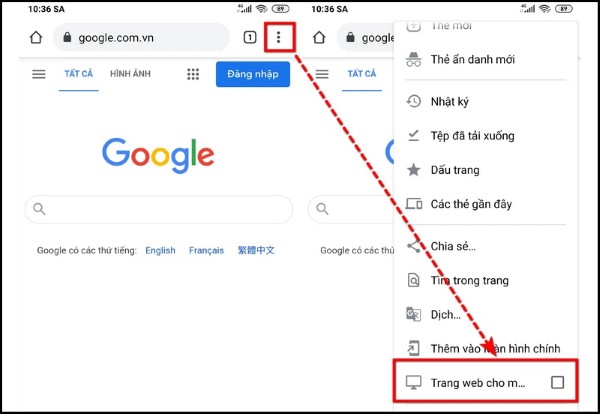 Nhấn biểu tượng ba chấm > chọn Trang web cho máy tính