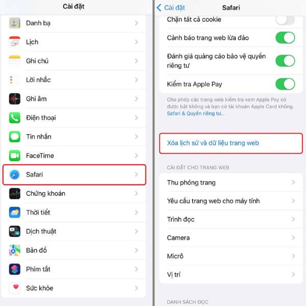 Chọn mục Xóa lịch sử và dữ liệu trang web