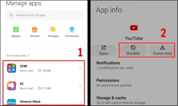 Chọn đúng ứng dụng muốn Buộc dừng hoặc Tắt