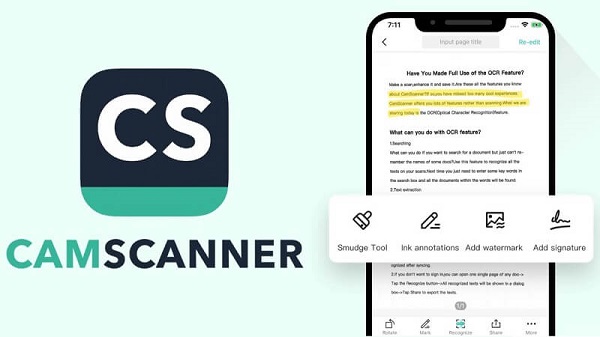 Phần mềm quét tài liệu CamScanner được cài đặt trên thiết bị di động