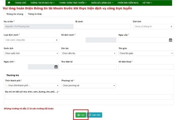 Rà soát thông tin → nhấn “Lưu” → “Gửi hồ sơ” 