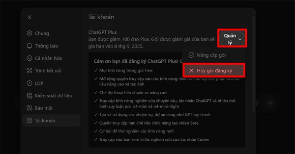 Chọn Quản lý → Nhấn Hủy gói đăng ký 