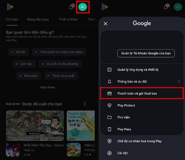 Nhấn vào avatar → Chọn Thanh toán và gói thuê bao