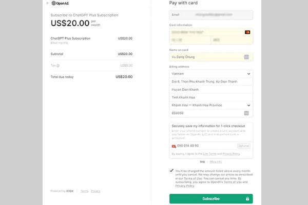 Chọn Subscribe để hoàn thành giao dịch