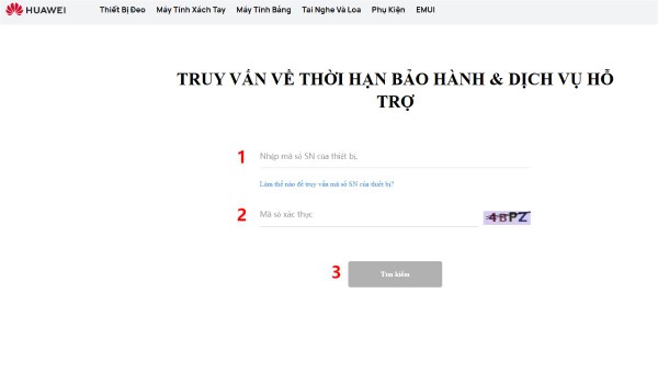 Nhấn Tìm kiếm để xem thời hạn bảo hành Huawei
