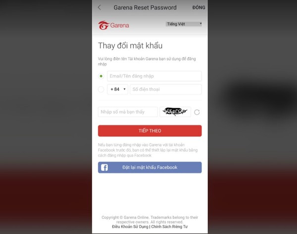 Chuyển đến trang Garena Reset Password
