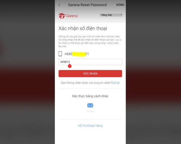 Nhập số điện thoại đăng ký tài khoản Garena
