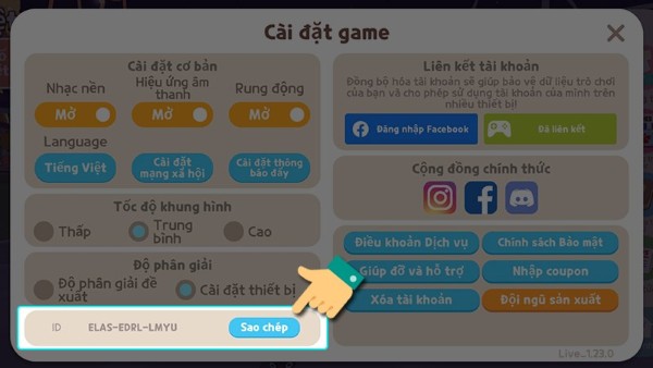 Nhấn sao chép để lấy ID nhân vật
