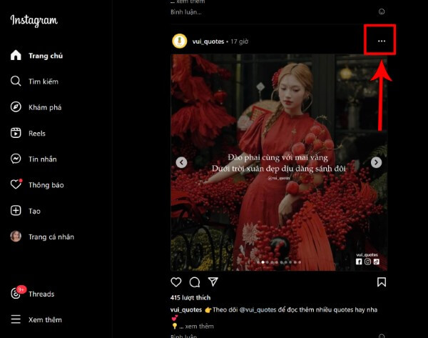 Mở Instagram trên trình duyệt máy tính → nhấn vào biểu tượng dấu ba chấm