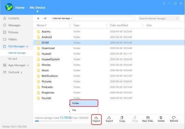 Tiếp tục chọn Import → Folder