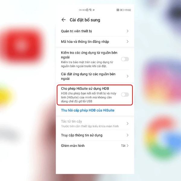 Chọn bật mục “Cho phép Hisuite”