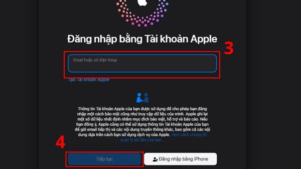 Điền địa chỉ email đăng ký iCloud của iPhone đã mất và nhấn Tiếp tục