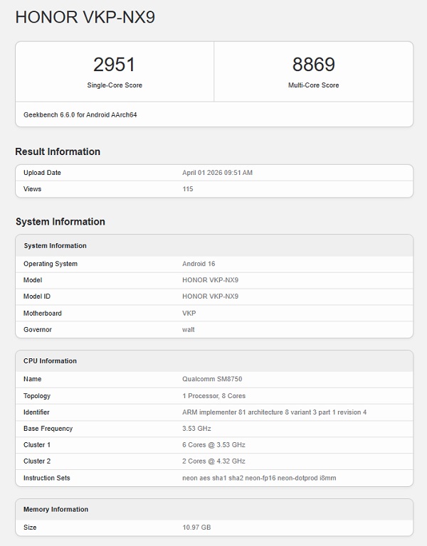 Điểm Geekbench của HONOR 600 Pro