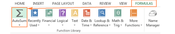 Mở Formulas → Function Library → AutoSum