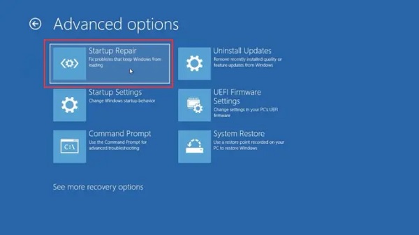 Chọn Startup Repair để Windows tự động kiểm tra 
