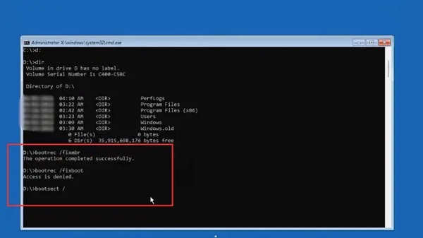 Nhập lần lượt từng lệnh và nhấn Enter để khôi phục cấu trúc khởi động