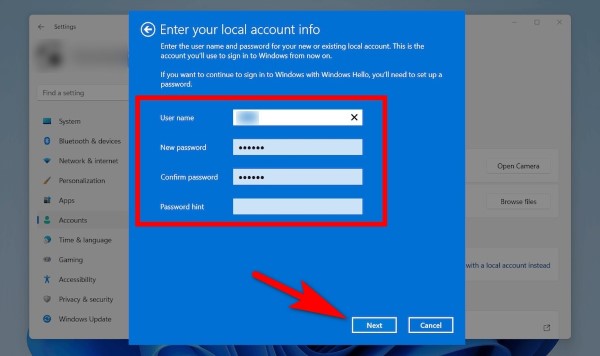 Nhập thông tin tài khoản → nhấn Next