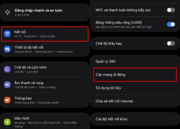 Chọn Các mạng di động