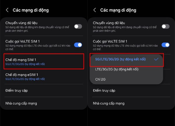 Chọn xem Chế độ mạng của từng SIM