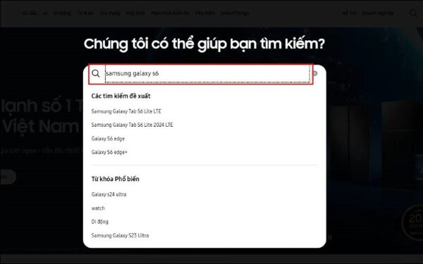 Nhập tên hoặc mã model thiết bị vào thanh tìm kiếm của website 