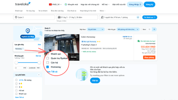 Chọn loại hình lưu trú là “homestay”