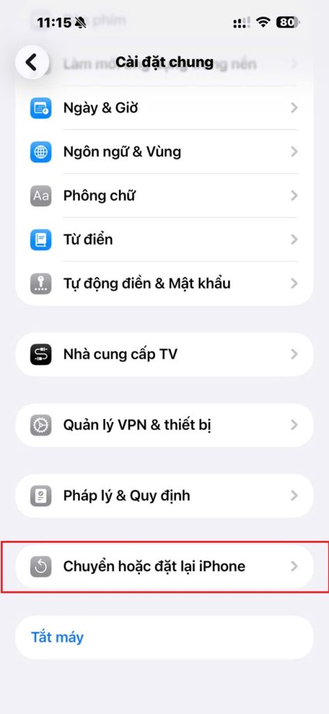 Thiết lập lại toàn bộ cài đặt gốc