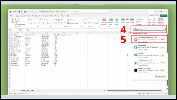 Nhập từ khóa “Claude” → chọn Claude by Anthropic in Excel
