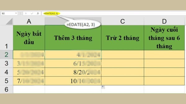 Nhập công thức: =EDATE(A2, 3)