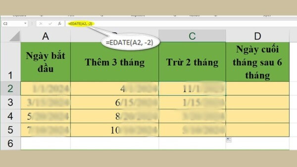 Nhập công thức: =EDATE(A2, -2)