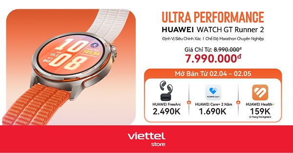 Viettel Store mở bán đồng hồ Huawei Watch GT Runner 2: Giảm ngay 1 triệu, quà tặng tai nghe Huawei FreeArc hơn 2 triệu