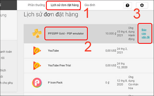 Nhấn Báo cáo vấn đề gặp phải