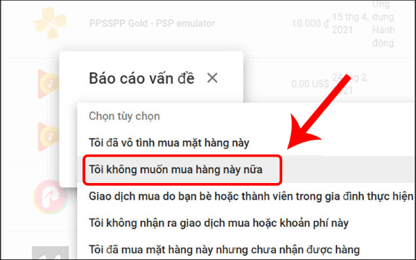 Chọn lý do hoàn tiền