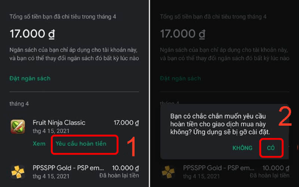 Nhấn Yêu cầu hoàn tiền 