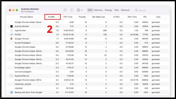Nhấn vào cột % CPU