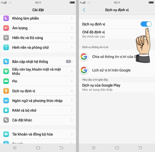 Bật GPS và dịch vụ định vị