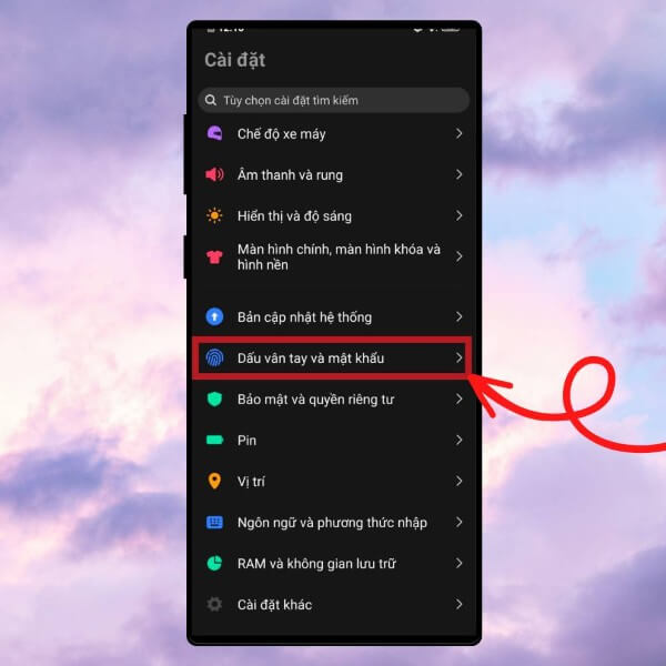 Chọn Dấu vân tay và mật khẩu