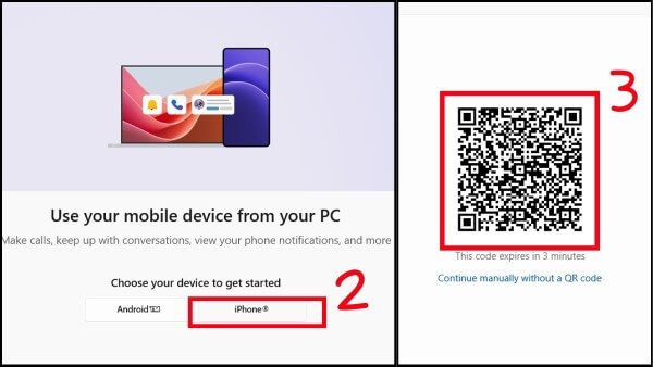 Chọn iPhone và quét mã QR trên màn hình