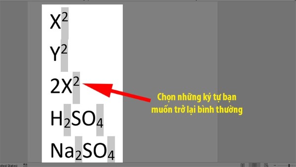 Bôi đen ký tự đang ở dạng số mũ 