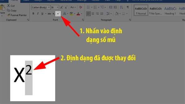 Mở tab Home → Font → chọn biểu tượng X²