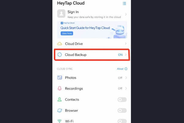 Bật đồng bộ trên HeyTap Cloud