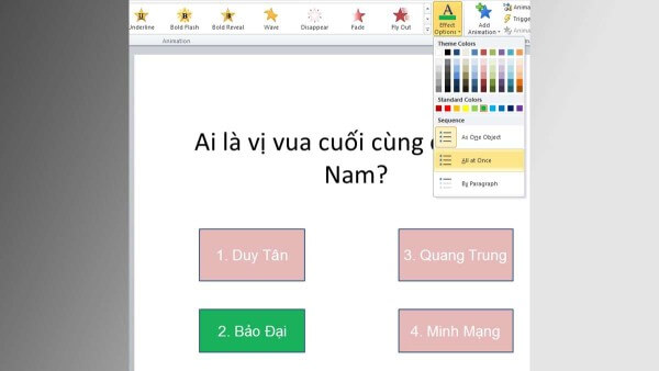 Chọn màu xanh trong mục Effect Options